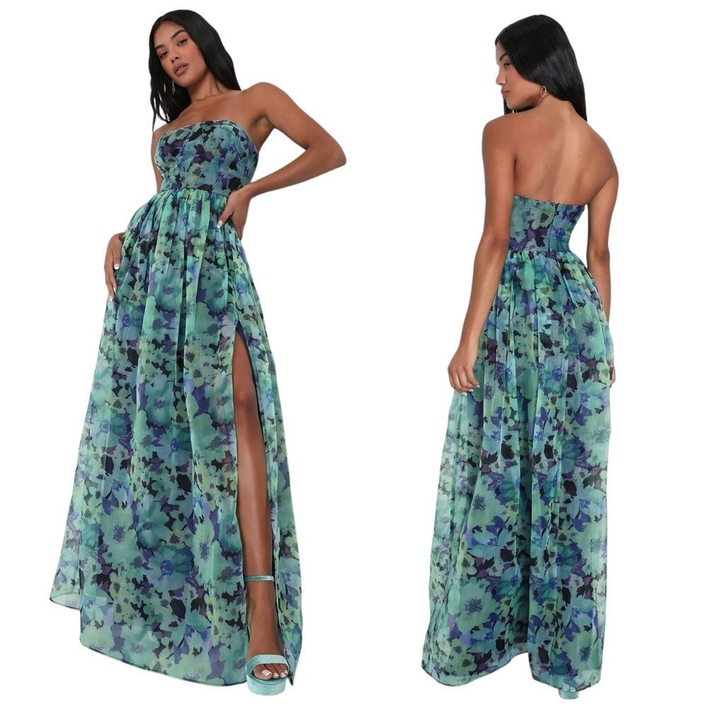 Lulus Wonderful Waltz Green Floral Print Strapless Bustier Maxi Dress Size XL